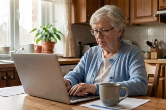Retraitée consultant son espace en ligne Orange sur un ordinateur portable dans sa cuisine