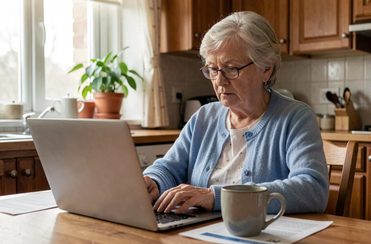 Retraitée consultant son espace en ligne Orange sur un ordinateur portable dans sa cuisine