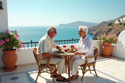 Couple de retraités européens savourant le thé à la menthe sur une terrasse marocaine en bord de mer