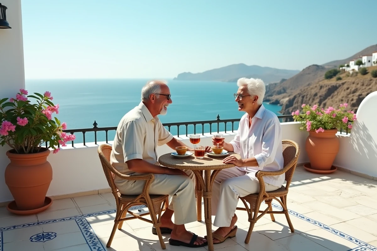 Couple de retraités européens savourant le thé à la menthe sur une terrasse marocaine en bord de mer