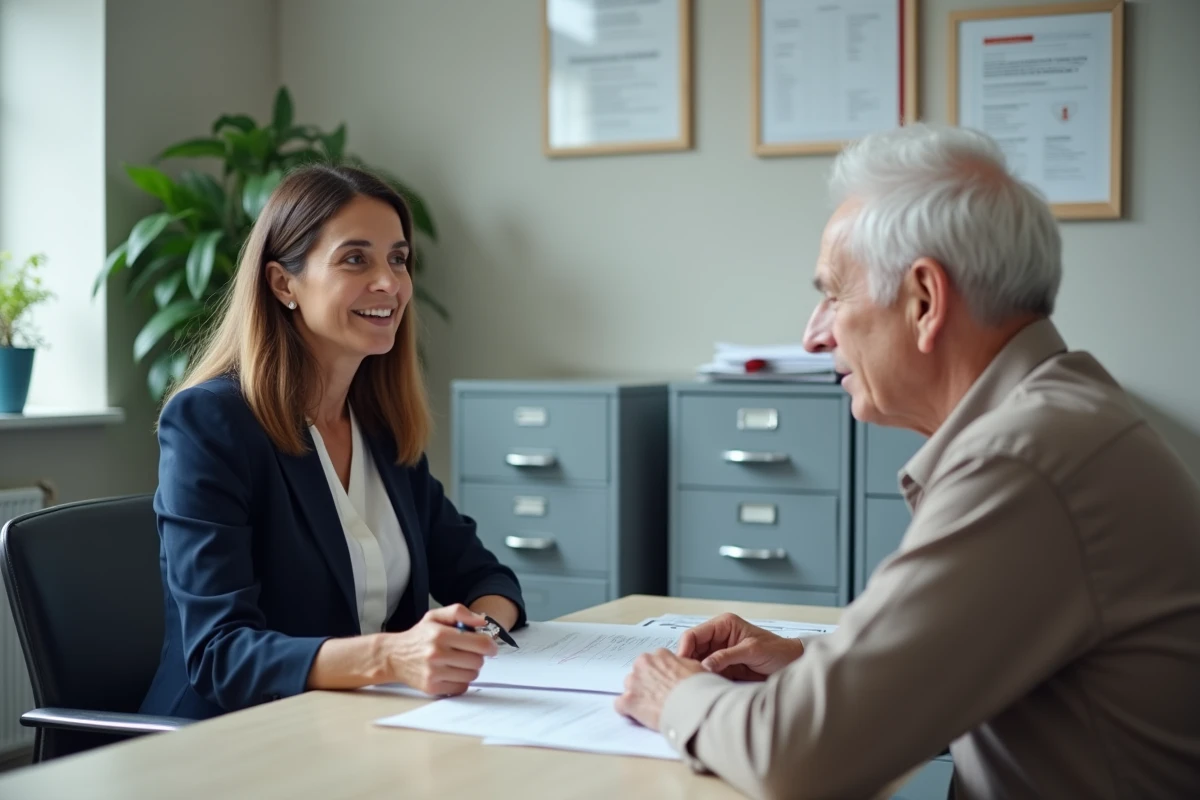 Réunion administrative entre un aidant familial et un responsable de maison de retraite pour discuter des limites de l'APA