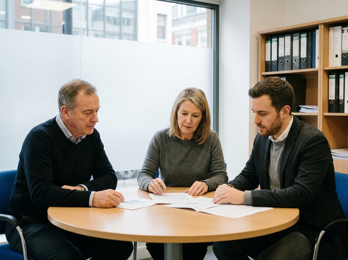 Famille réunie autour d'un conseiller funéraire pour planifier les démarches d'obsèques au Luxembourg