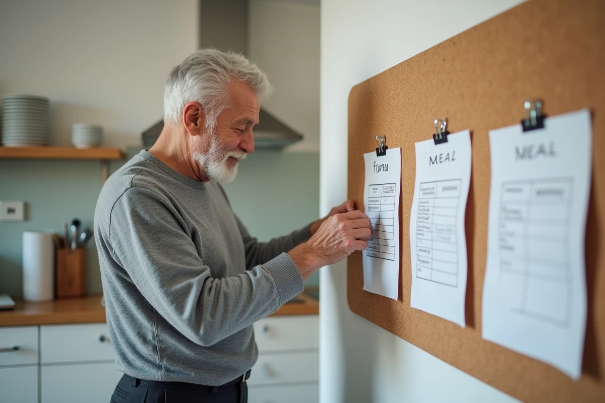 Un homme senior consulte son planning quotidien affiché en cuisine, maintenant des routines simples pour stabiliser ses repères