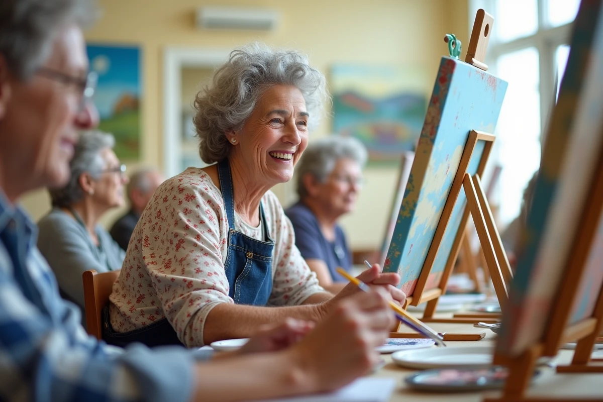 Une senior active participe à un atelier de peinture collectif, renforçant son autonomie par l'engagement social et créatif