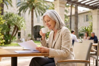 Senior active en résidence services à Nice profitant d'un séjour court sur une terrasse méditerranéenne