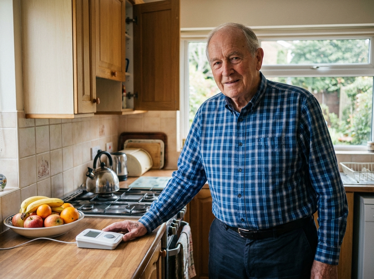 Homme senior utilisant une borne de téléassistance dans sa cuisine, maintien de l'autonomie à domicile