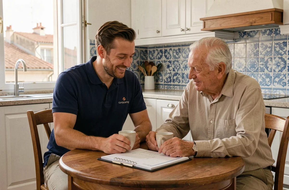 Un accompagnateur masculin de Senior Compagnie Marseille partage un café avec un senior dans une cuisine avec carrelage provençal bleu et blanc