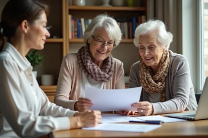 Femme senior examinant une brochure avec une conseillère
