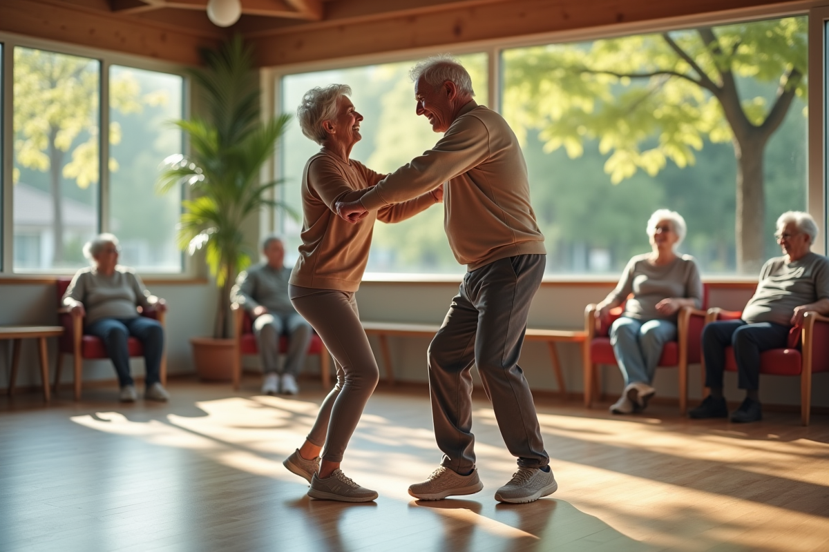Couple senior dansant dans un centre communautaire