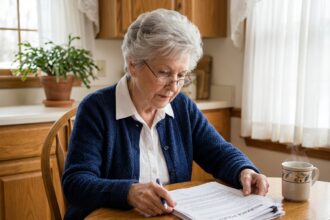 Femme senior examinant sa complémentaire santé à la maison avec des documents d'assurance sur une table en bois