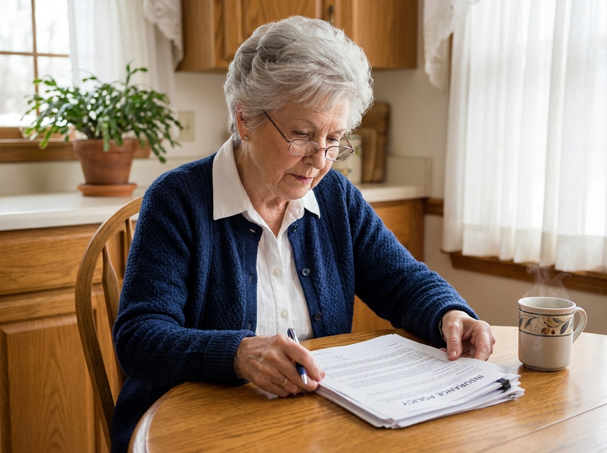 Femme senior examinant sa complémentaire santé à la maison avec des documents d'assurance sur une table en bois
