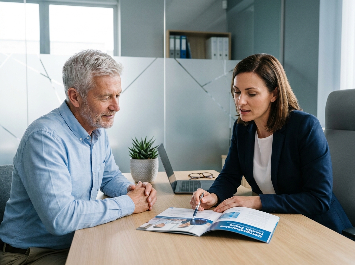 Senior homme en rendez-vous avec une conseillère pour optimiser sa mutuelle santé dans un bureau professionnel
