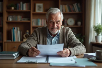 Homme senior organise des documents dans un bureau à domicile