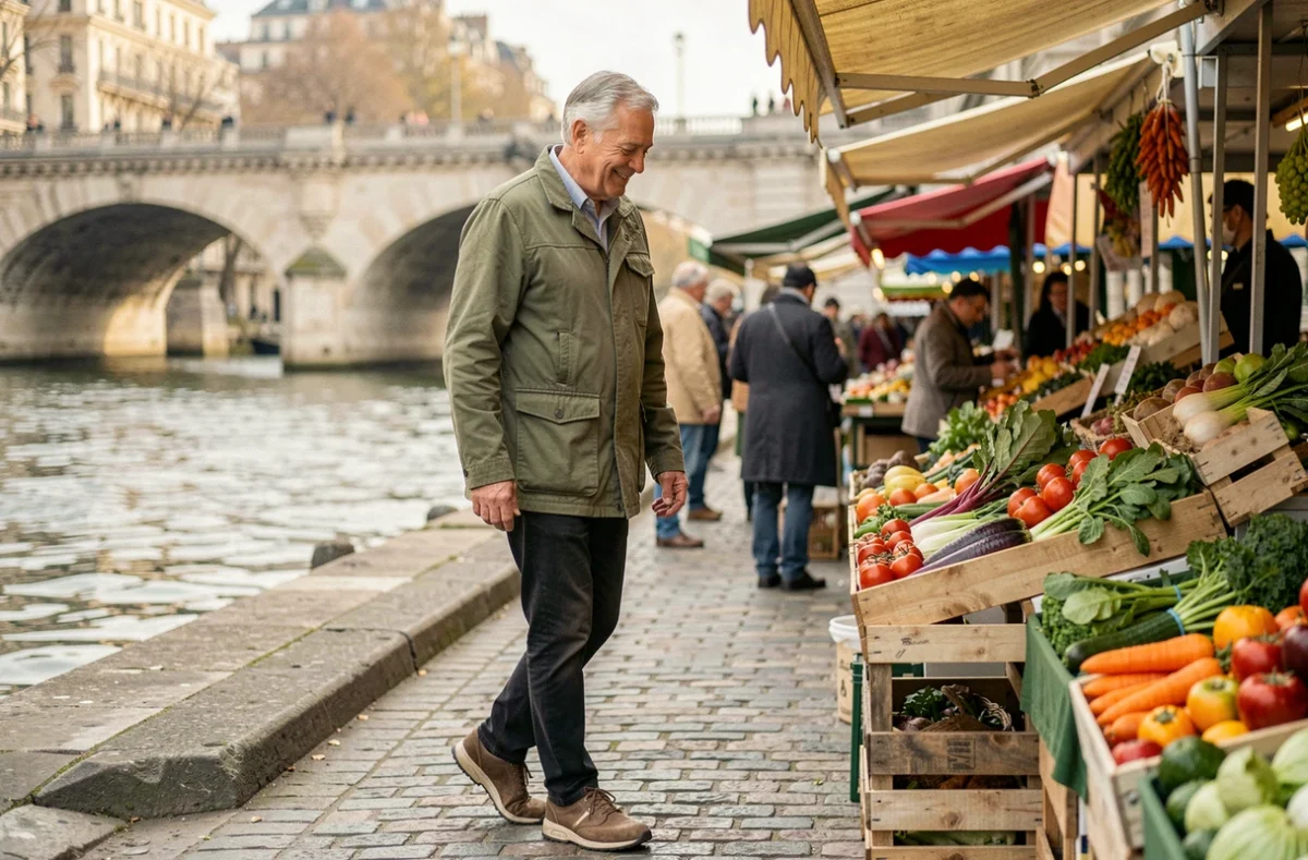 Senior actif se promenant dans un marché en plein air au bord de la Seine à Paris