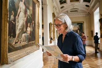 Femme senior admirant une peinture impressionniste dans un musée parisien gratuit