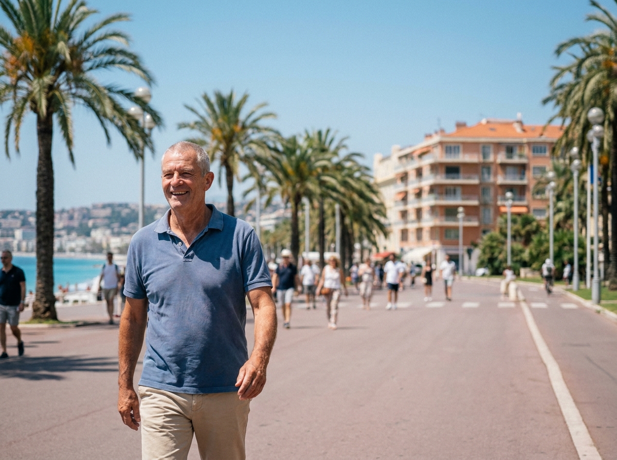 Senior actif se promenant sur la Promenade des Anglais de Nice lors d'un séjour court en résidence