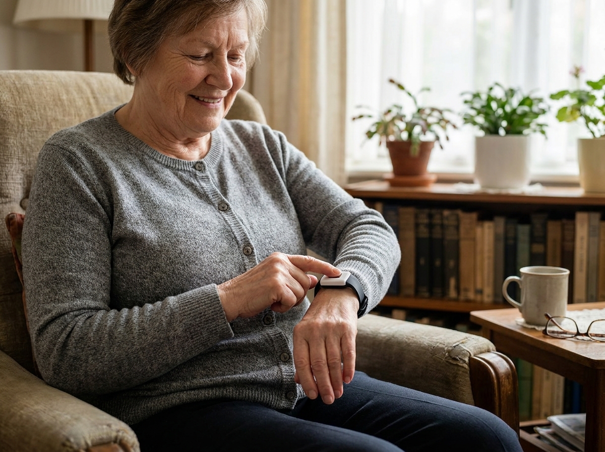 Femme âgée appuyant sur un bouton de téléassistance porté au poignet, assise dans son salon confortable
