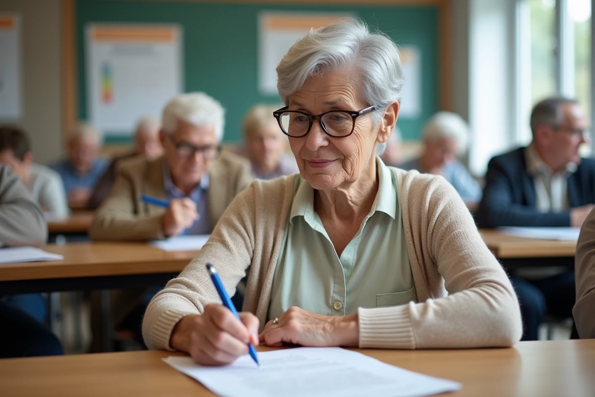 Femme senior lisant un PDF d'évaluation Tinetti en classe