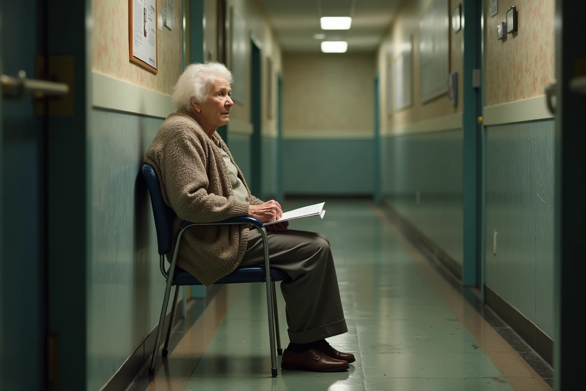 Femme âgée lisant une lettre dans un couloir d'EHPAD