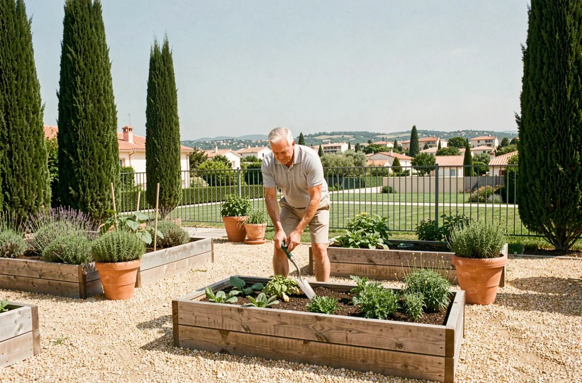 Résident jardinant dans l'espace vert des Senioriales de Marseille La Valentine