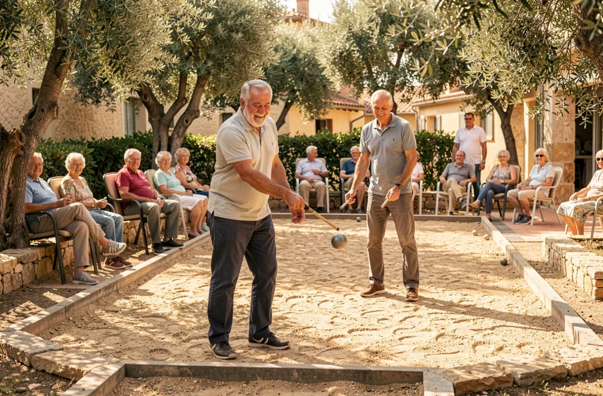 Résidents jouant à la pétanque dans l'espace extérieur des Senioriales de Marseille
