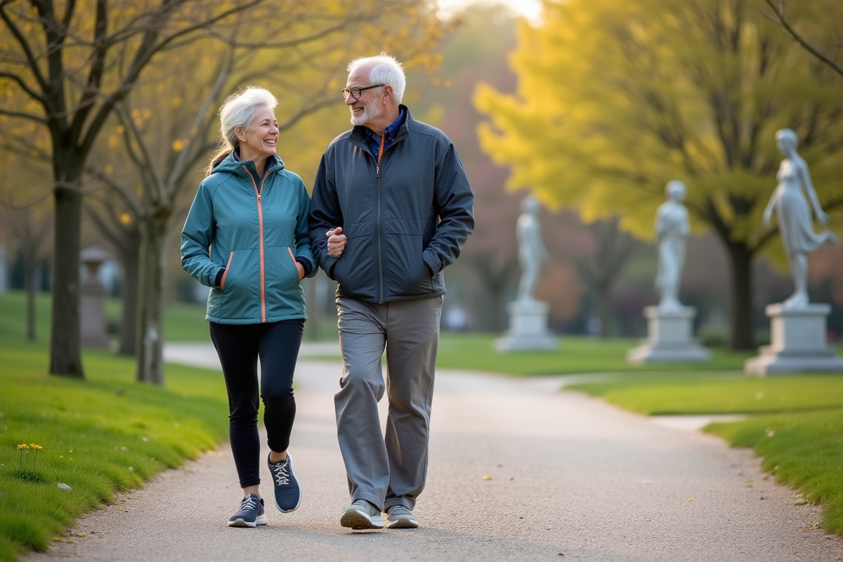 Seniors marchant dans un parc au printemps