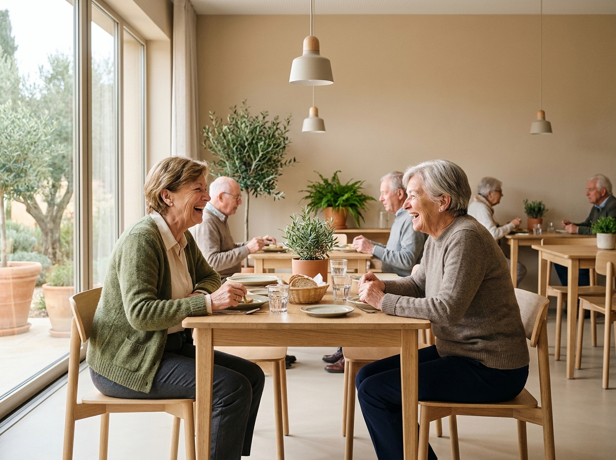 Deux seniors actives partageant un repas convivial dans la salle commune d'une résidence services à Nice