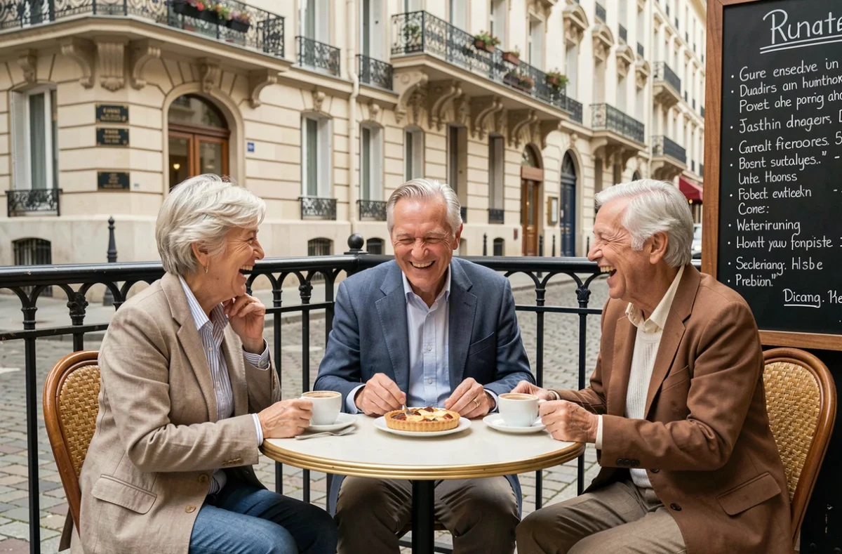 Groupe de seniors profitant d'une sortie gratuite en terrasse de café parisien