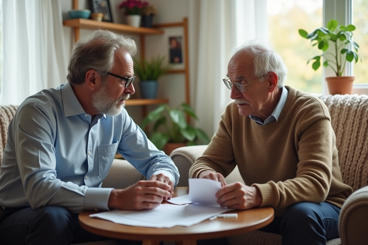 Travailleur social parlant avec un homme âgé dans un salon chaleureux