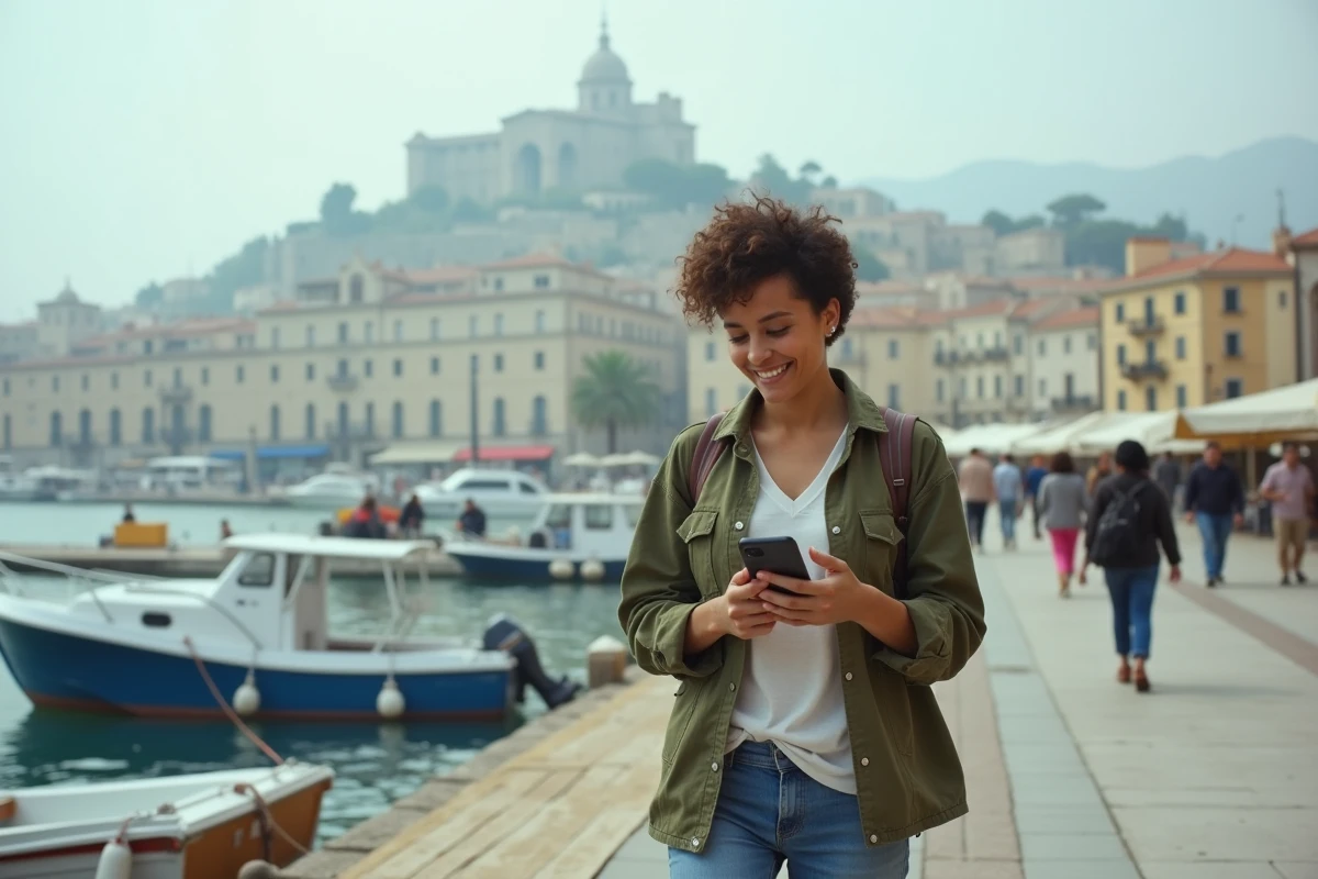 Jeune femme explorant les sorties locales à Marseille avec Quintonic au bord du Vieux-Port