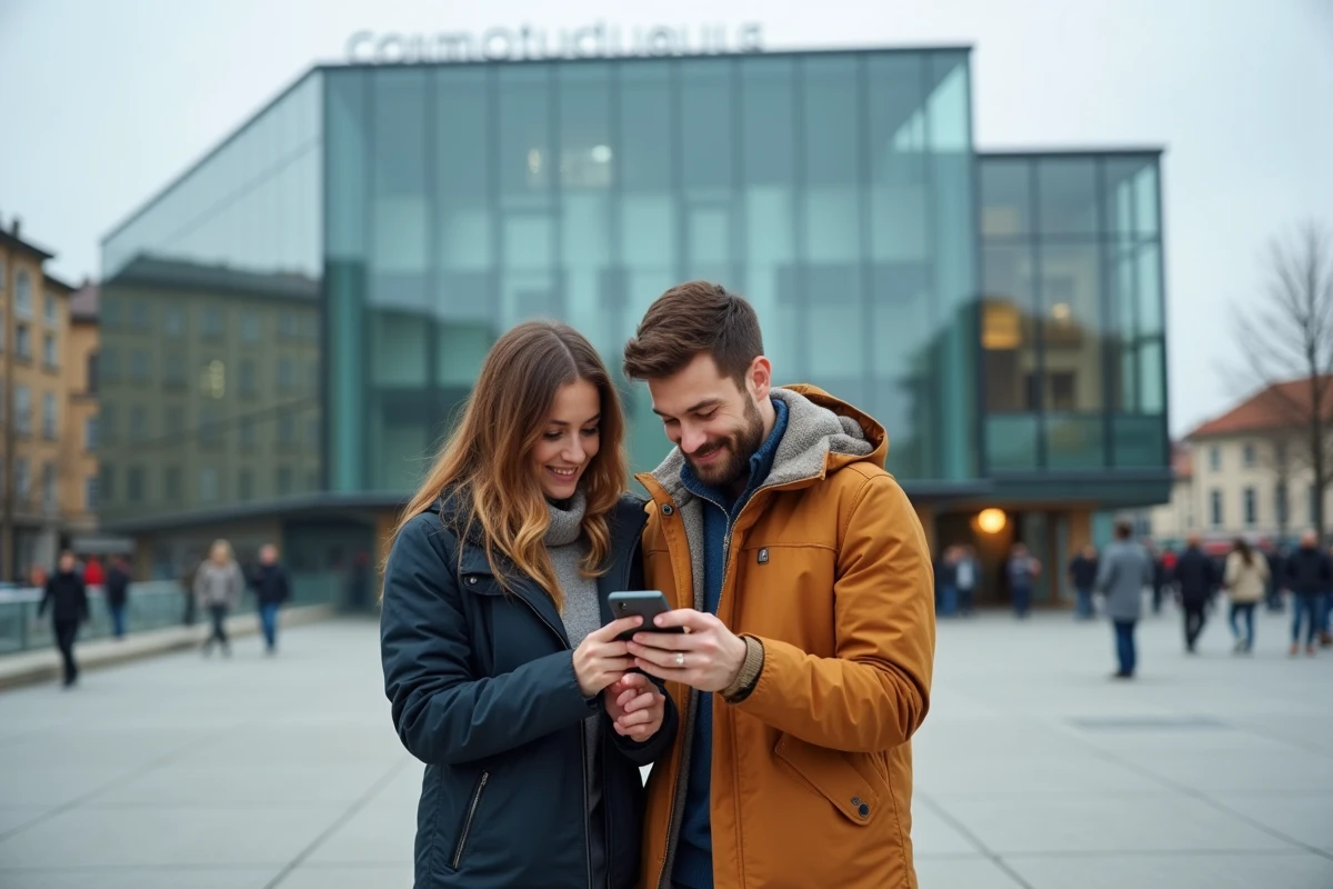 Couple découvrant des activités et sorties locales à Lyon avec l'application Quintonic dans le quartier Confluence