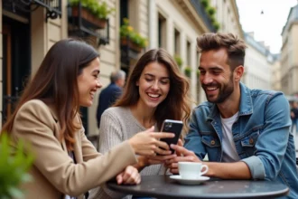 Groupe d'amis consultant l'application Quintonic en terrasse de café à Paris pour planifier leurs sorties locales