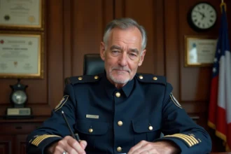 Sous-officier de gendarmerie en uniforme consultant des documents administratifs liés à sa retraite dans un bureau institutionnel