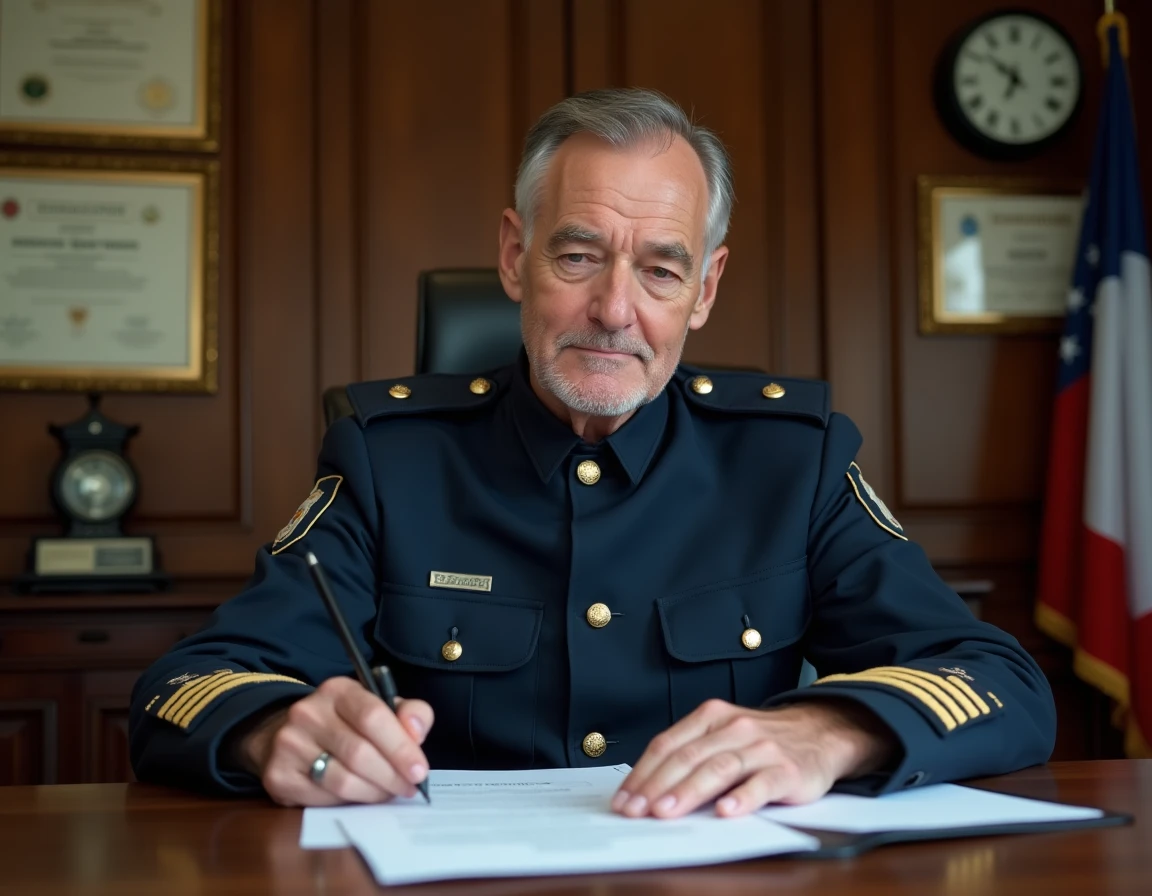Sous-officier de gendarmerie en uniforme consultant des documents administratifs liés à sa retraite dans un bureau institutionnel