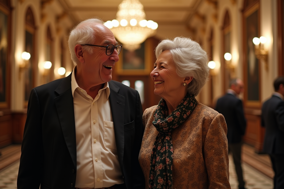 Personnes âgées riant dans le foyer du théâtre