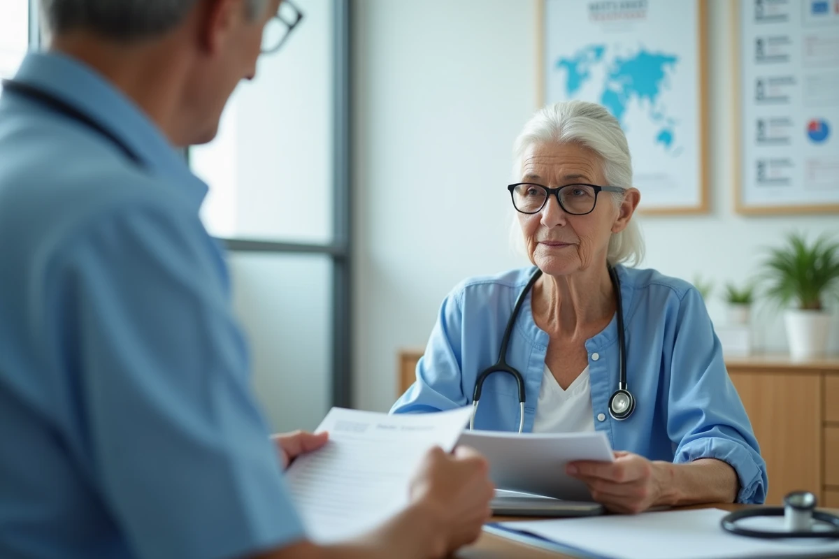 Une femme âgée lors d'un suivi médical structuré avec un professionnel de santé en cabinet
