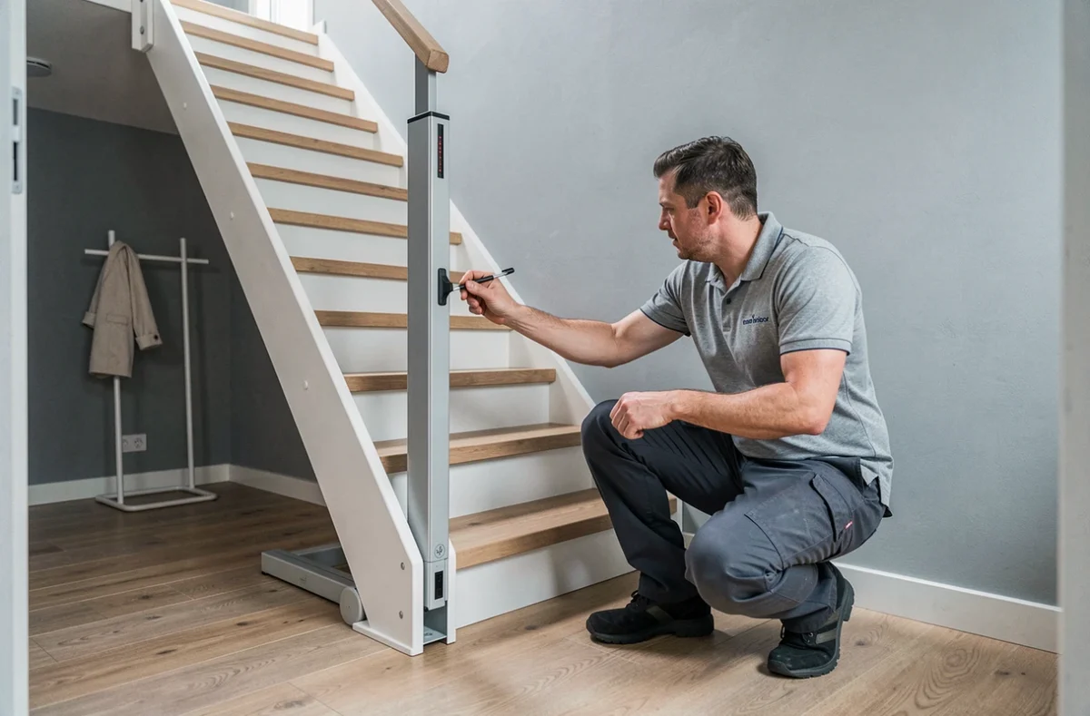 Technicien présentant un monte-escalier debout sans installation dans un appartement moderne