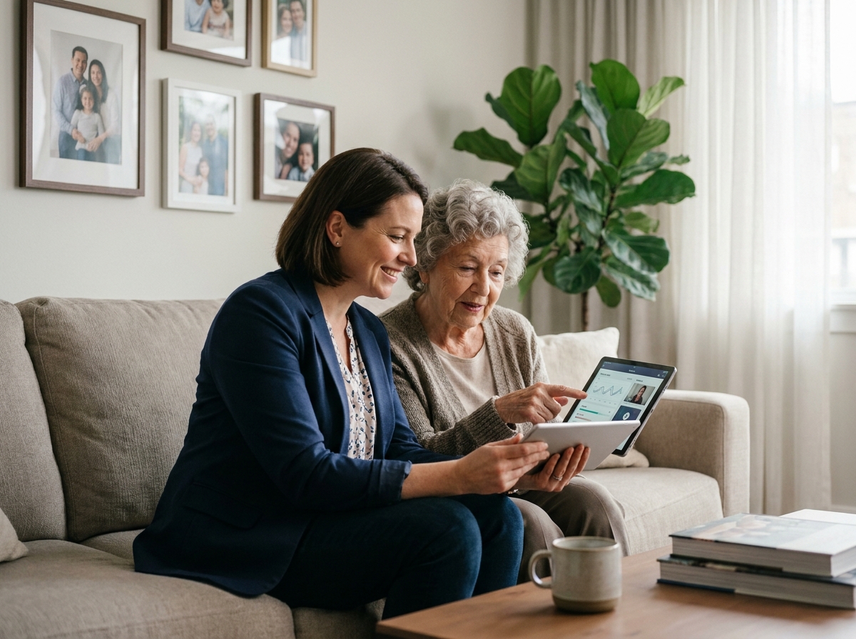 Aide soignante et femme âgée consultant ensemble une application de téléassistance sur tablette à domicile