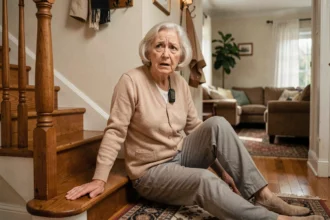 Femme âgée assise sur le sol près d'un escalier après une chute, portant un traceur GPS accroché à sa veste, dans un couloir de maison chaleureux