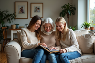 Trois générations de femmes partageant un album photo dans un salon chaleureux