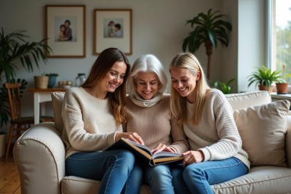 Trois générations de femmes partageant un album photo dans un salon chaleureux