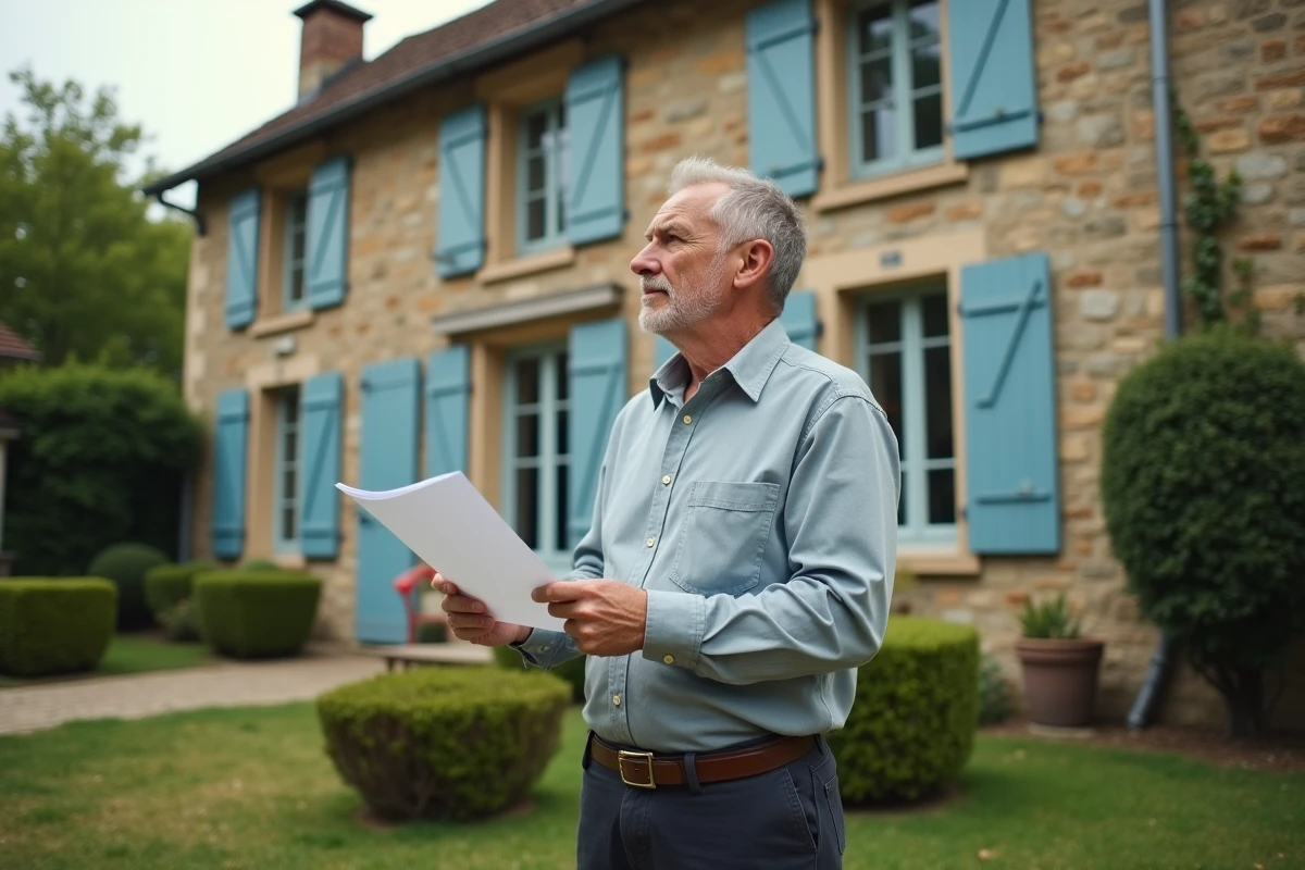 Homme adulte tenant des papiers devant une maison familiale en pierre à vendre dans le cadre d'une succession