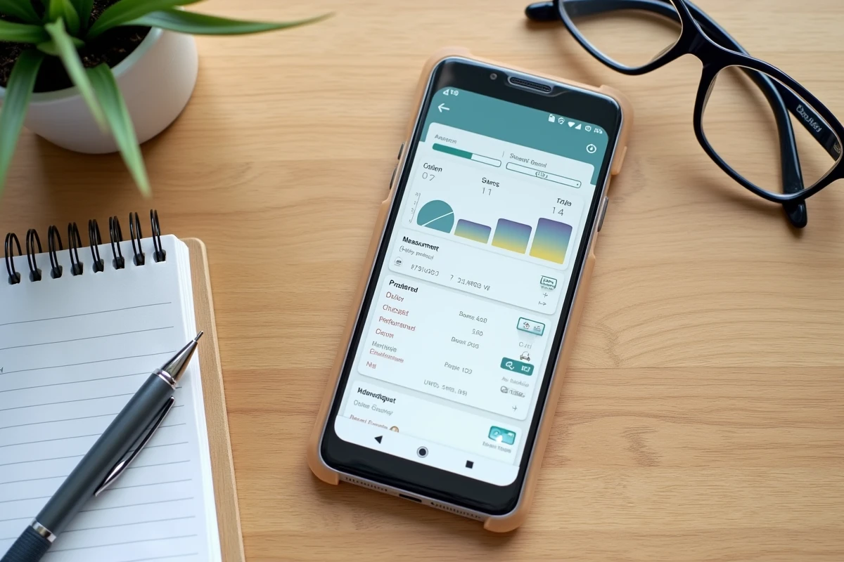 Vue aérienne d'un smartphone affichant une application de mesures archivées avec un carnet de notes et des lunettes sur une table en bois